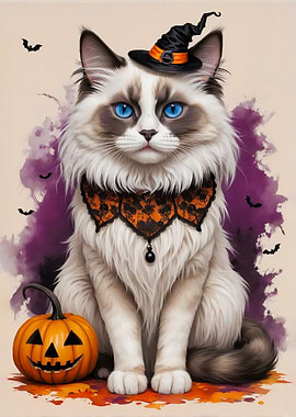 Fluffy White Cat with Witch Hat & Pumpkin