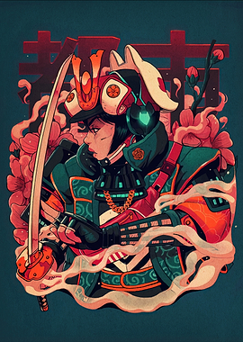 Cyberpunk Samurai with Katana and Flowers