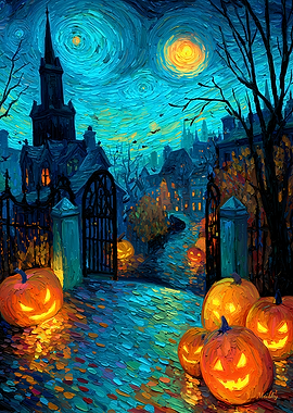 Impressionist Pumpkin Gate Starry Night Halloween Wall Art
