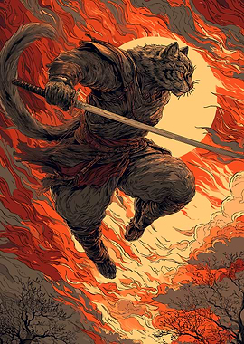 Samurai Cat Warrior in Fiery Landscape