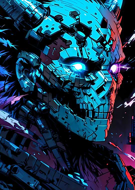 Cybernetic Skull Portrait with Glowing Eyes