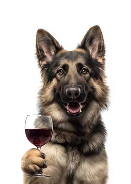 German Shepherd with Wine Glass