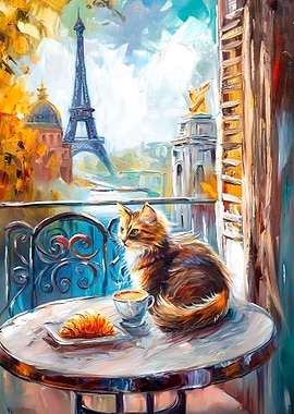 Parisian Cat with Coffee and Croissant