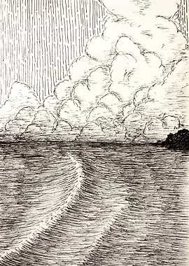 Monochrome Ocean and Sky Drawing