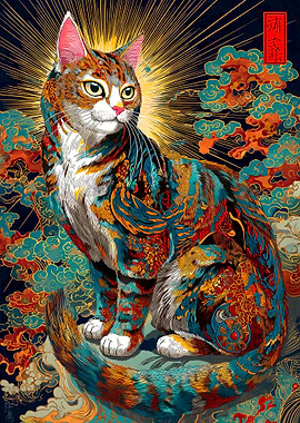 Ornate Cat with Asian-Inspired Background