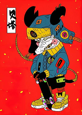 Rat Skateboarder with Japanese Text