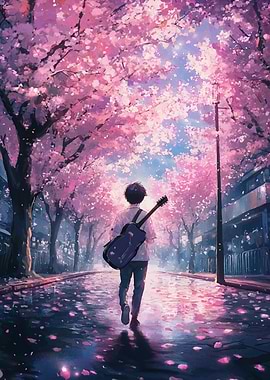 Cherry Blossom Guitarist Anime Style