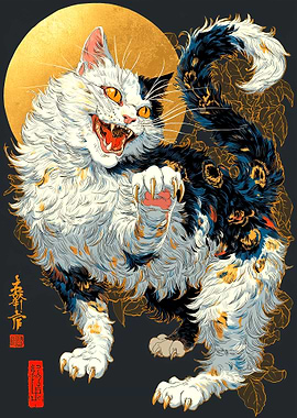 Aggressive Cat with Golden Moon
