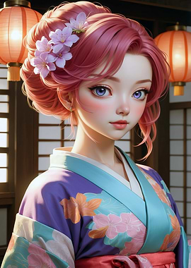 Anime Girl in Kimono with Lanterns