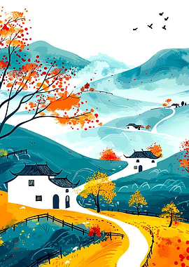 Autumn Landscape with Traditional Asian Houses