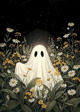Halloween Ghost in a field of flowers