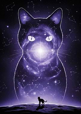 Cosmic Cat Silhouette with Constellations