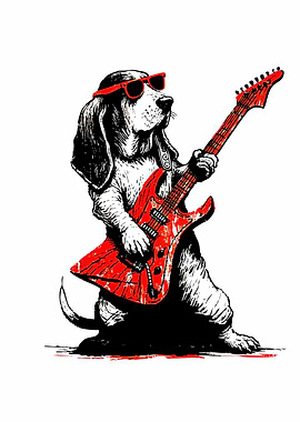 Dog playing electric guitar with sunglasses