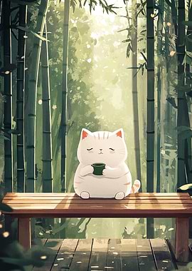 Cat with Tea in Bamboo Forest