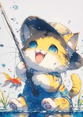 Cartoon Cat Fishing Goldfish Bait