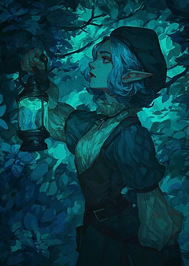 Elf with Lantern in Forest