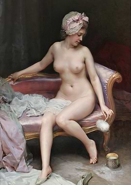 Nude woman with duster on chaise lounge