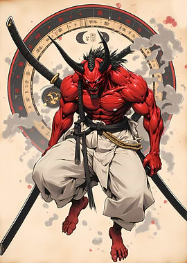 Red Oni Warrior with Swords