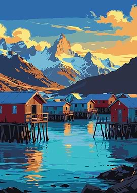 Coastal Village with Mountain Backdrop