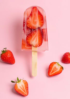 Strawberry Popsicle on Pink Background