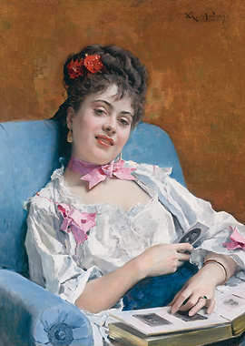 Woman in Blue Chair with Photo Album