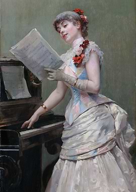Woman Playing Piano, Reading Sheet Music