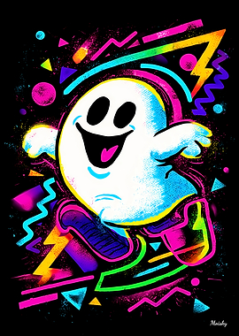 Neon Pop Ghost Retro 90s Halloween Wall Art