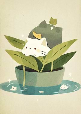 Cute Cat in Plant Pot Illustration