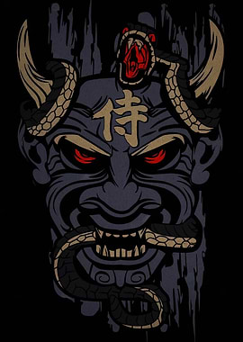 Samurai Mask with Snakes Illustration
