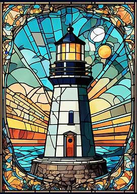 Stained Glass Lighthouse Coastal Scene