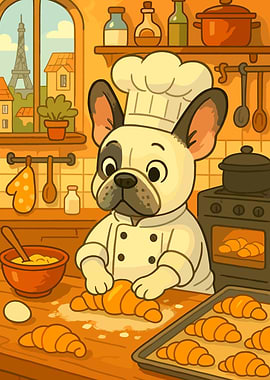French Bulldog Chef Baking Croissants in Paris
