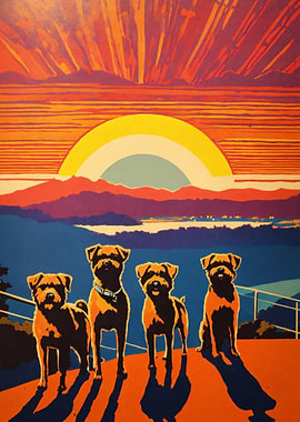 Four Dogs at Sunset Landscape Art