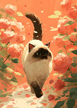 Siamese Cat in Rose Garden