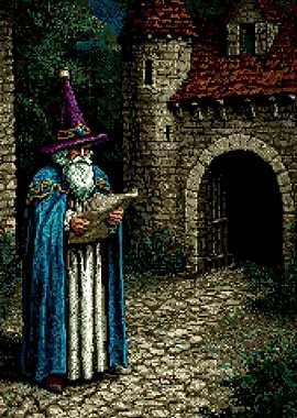 Pixel Art Wizard at Castle Entrance