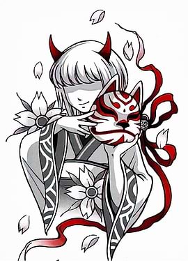 Anime Girl with Fox Mask and Horns