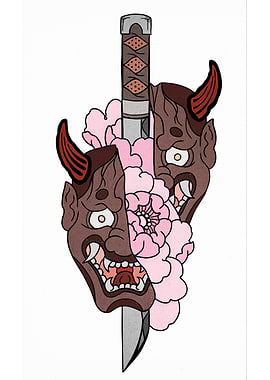 Hannya Mask with Sword and Flowers