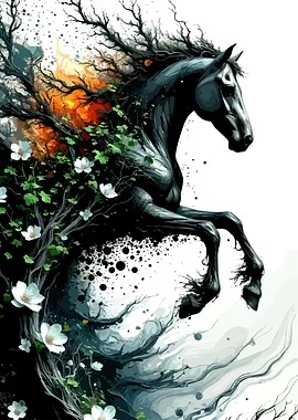 Abstract Horse with Floral and Tree Elements