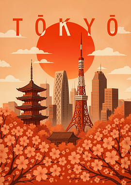 Tokyo Travel Poster Japan – Cherry Blossoms & Neon Skyline