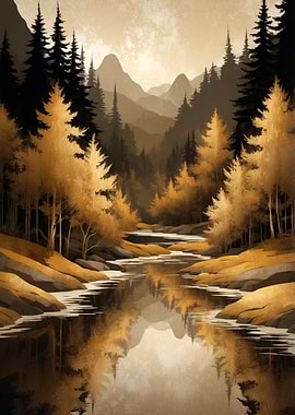 Golden Forest River Landscape