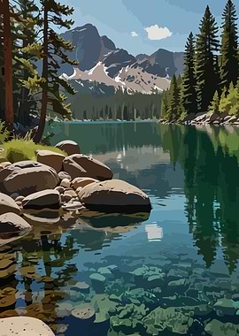 Mountain Lake Landscape Illustration