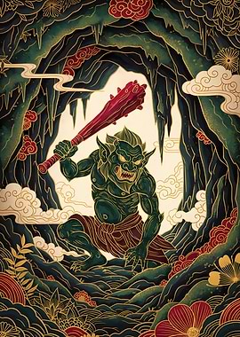 Japanese Oni with Club in Cave