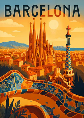 Barcelona Travel Poster – Gaudí and Colorful Mosaic Cityscape