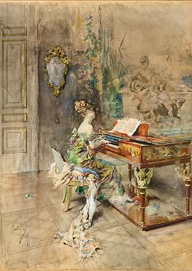 Woman playing harpsichord in ornate room