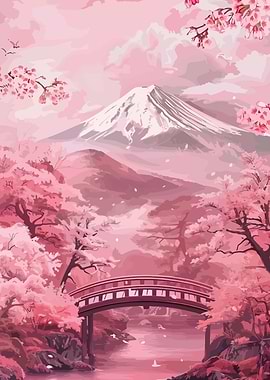 Pink Cherry Blossom Landscape with Bridge
