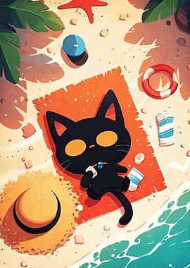 Black Cat Sunbathing on Beach