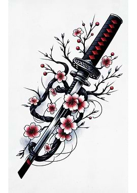 Katana and Cherry Blossoms Illustration