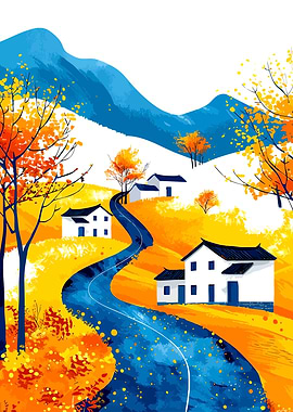 Autumn Village Landscape Illustration