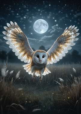Moonlit Barn Owl in Flight - Glowing Nocturnal Wildlife Art