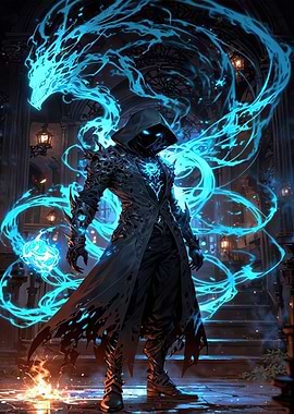 Mystic Hooded Figure with Blue Energy