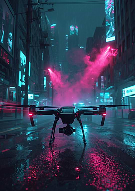Drone in Cyberpunk Cityscape
